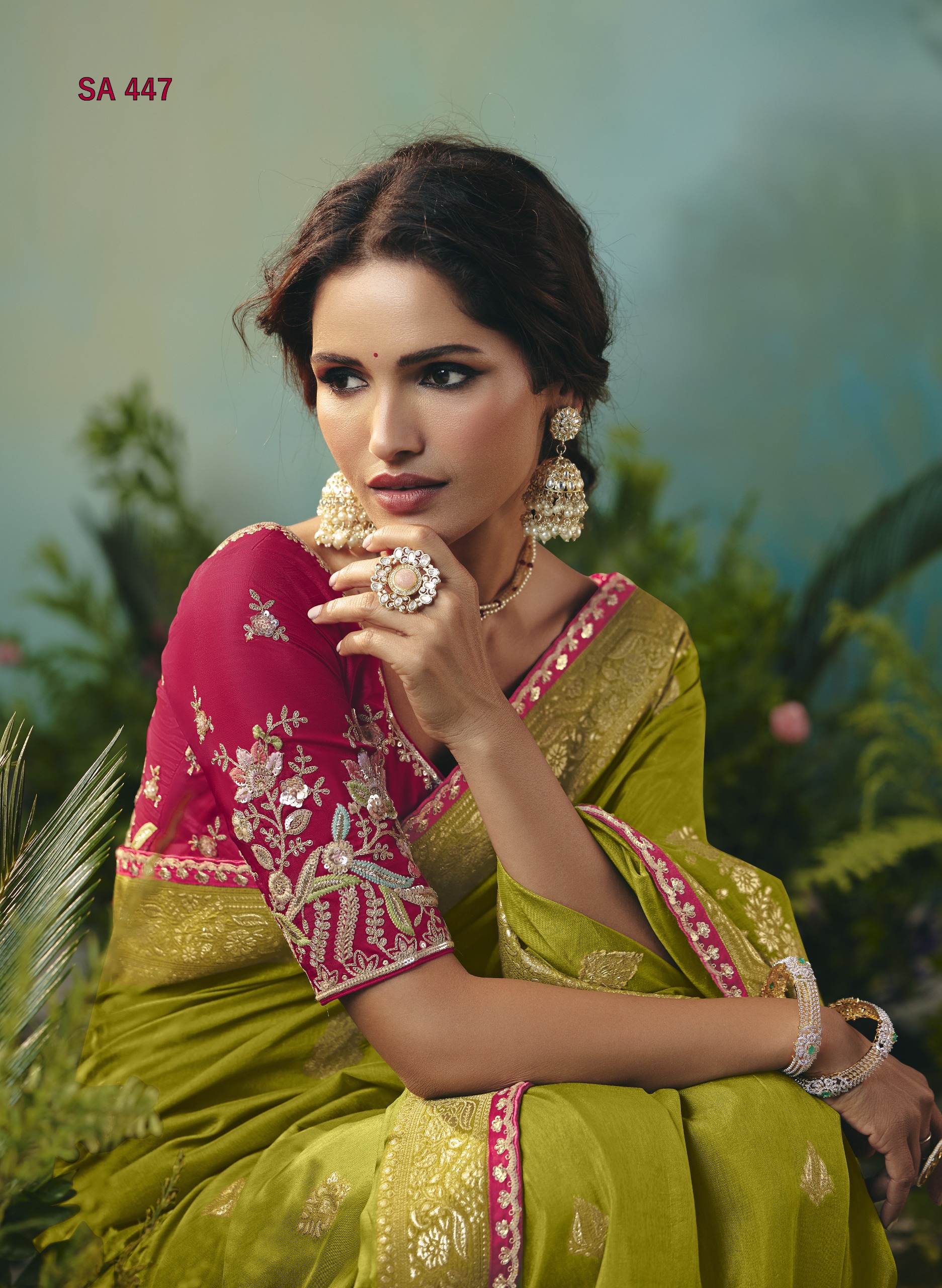 Olive Green Designer Saree – Olive Green & Pink